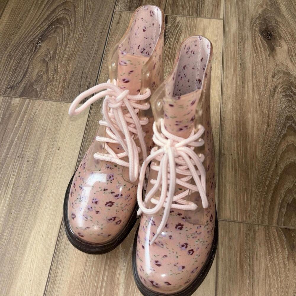 ROCK CANDY Transparent Clear Jelly Pink Floral Waterproof Combat Rain Boots 33 - Picture 2 of 9